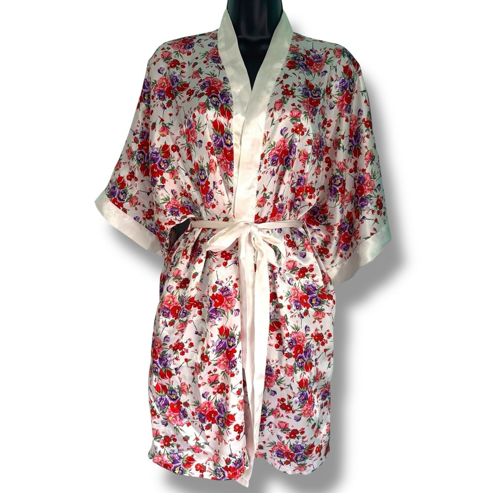 Vintage 90s Frederick's of Hollywood Floral Robe Lingerie Large Satin Overcoat